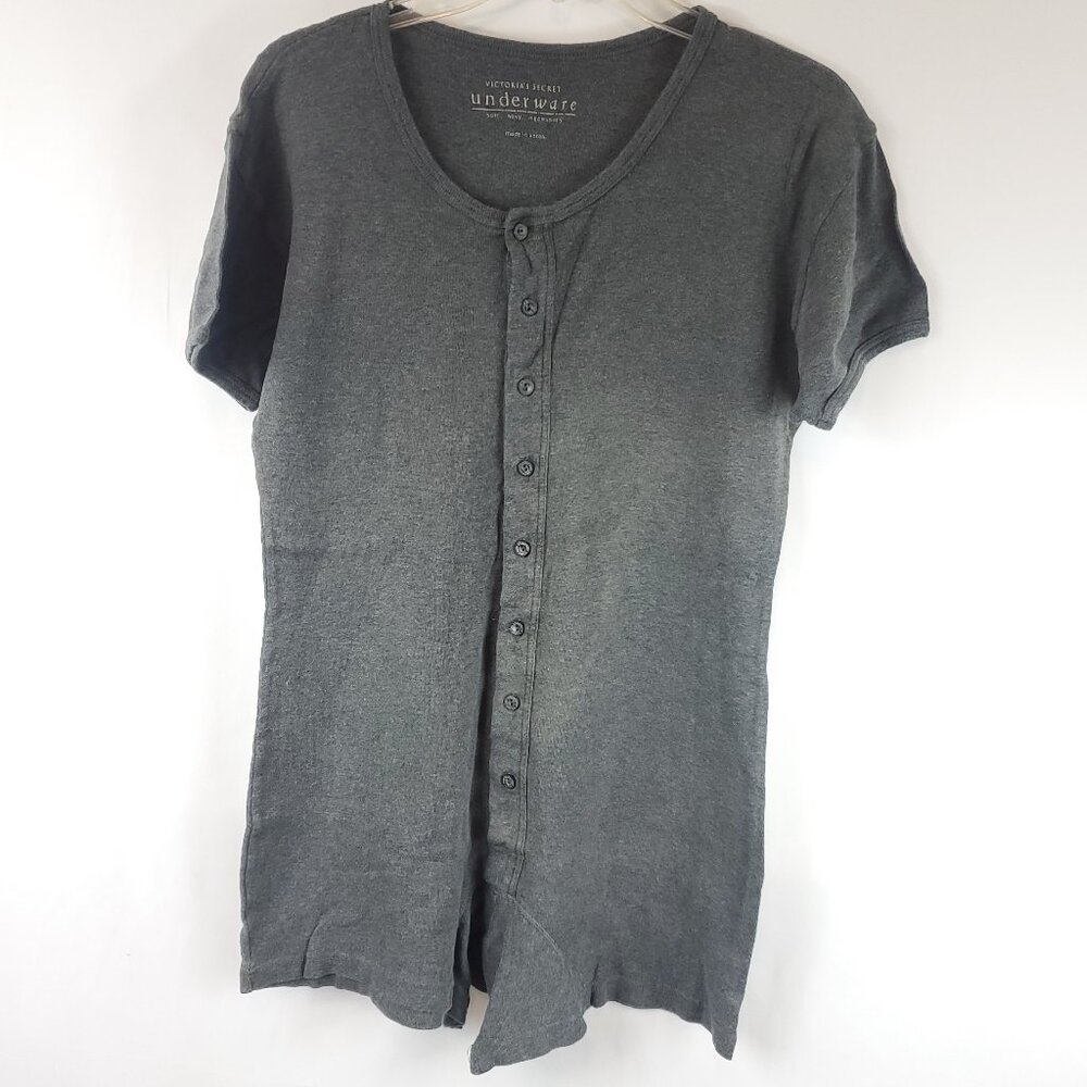 Victoria Secret Y2K Dark Grey Womens Underware One Piece Shrt Slv Button Up Sz S